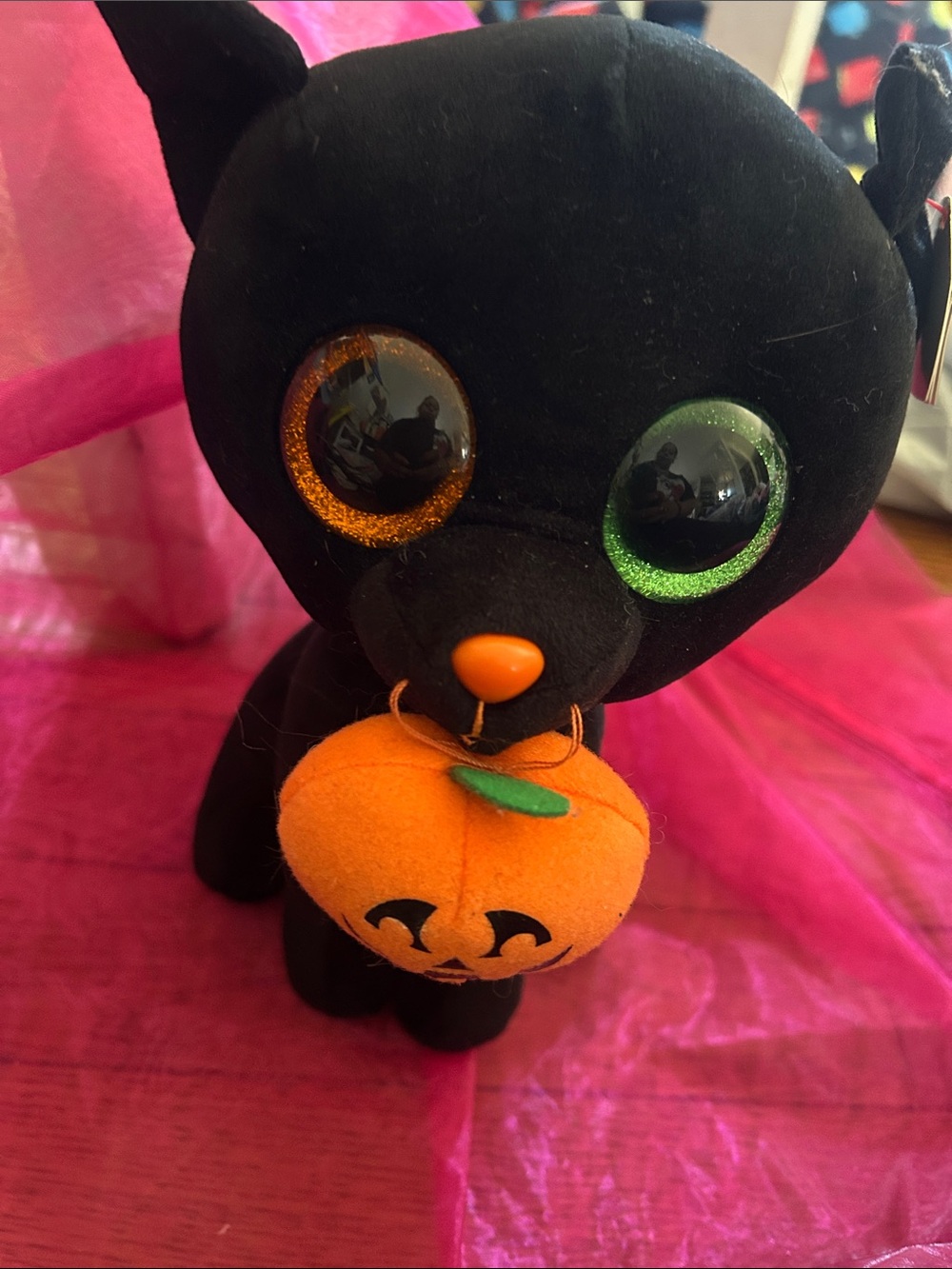 Ty Black Plush Cat with Orange Pumpkin Accent